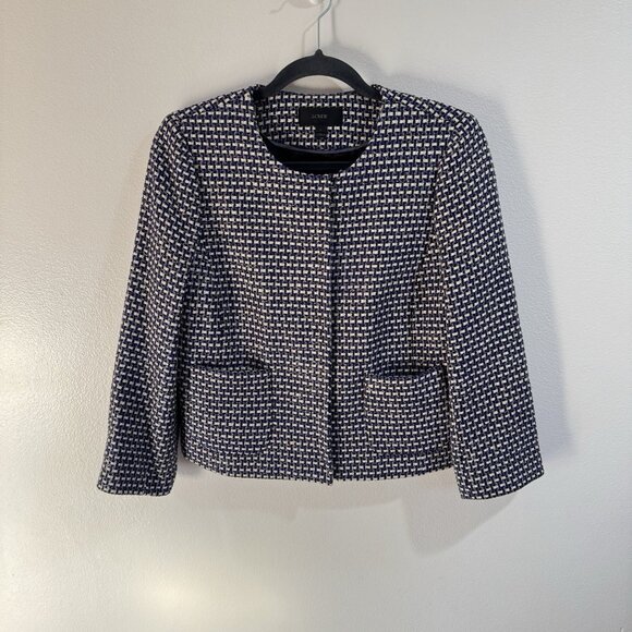 J. Crew Blazer Jacket Silk 8 Tweed Knit Checker Blue Black White Holiday Party - Picture 1 of 9